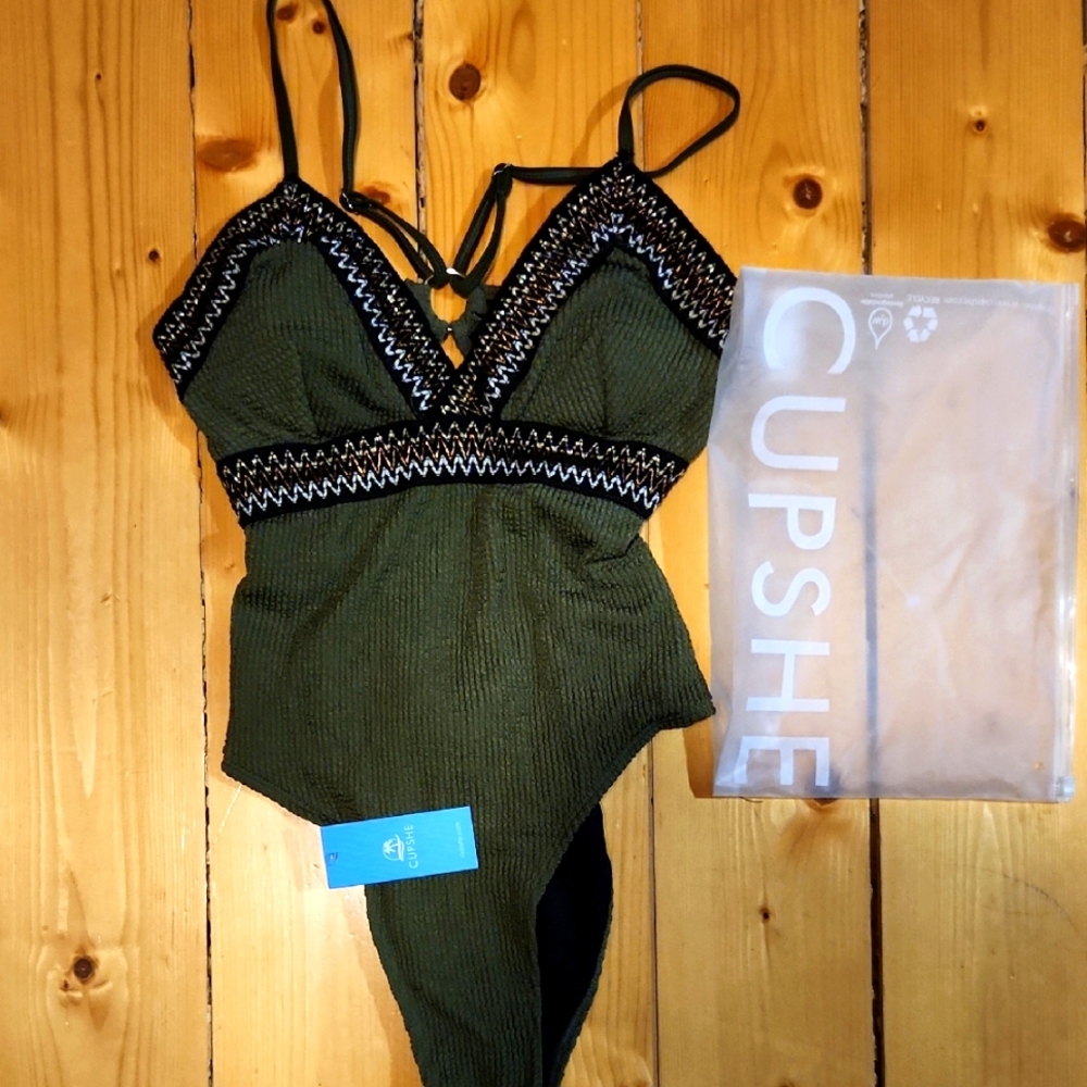 Cupshe Dark Green One-Piece with Black,Gold  and White Trim